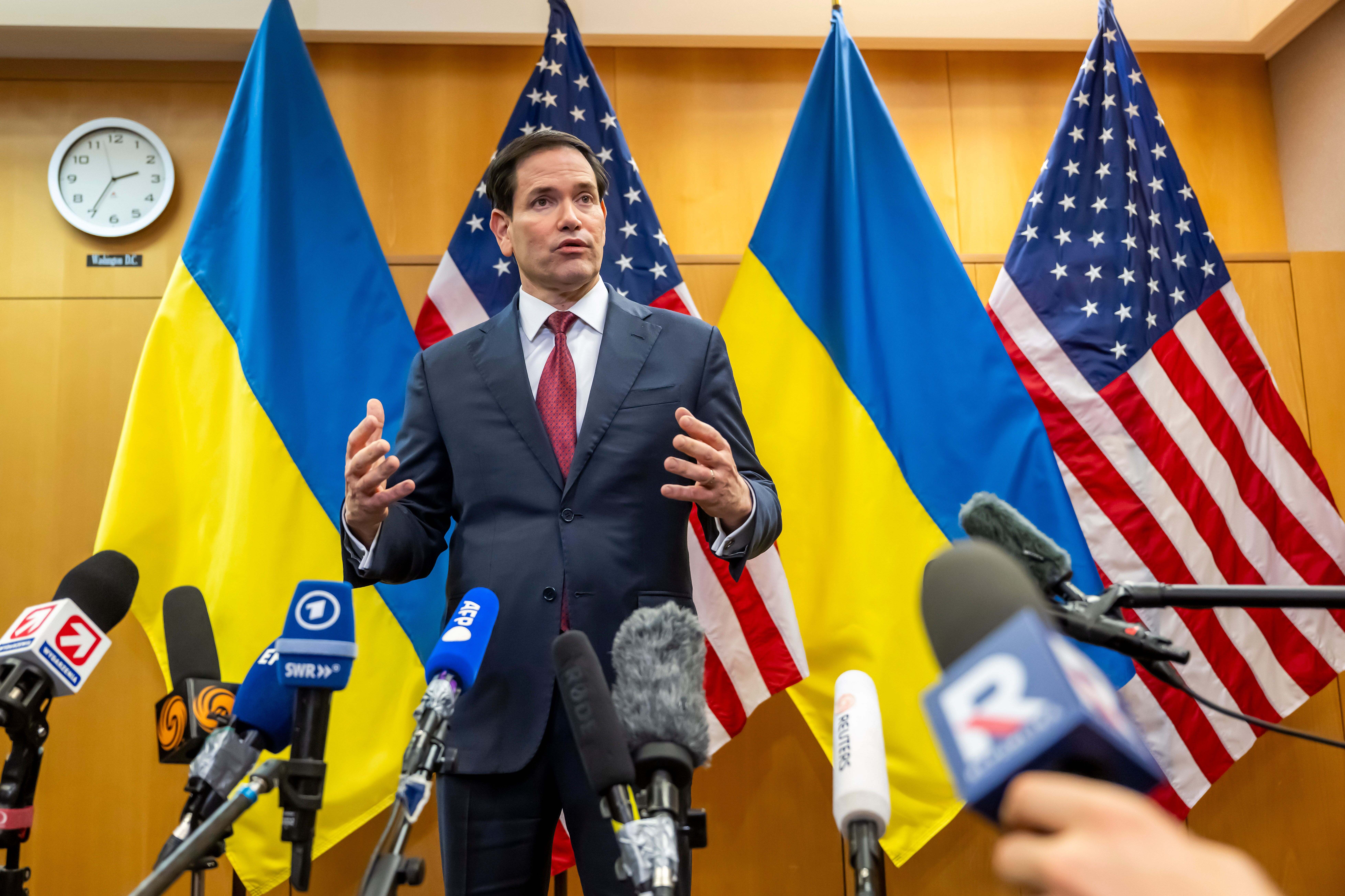U.S. Secretary of State Marco Rubio talks to the press at the U.S. Mission to International Organizations in Geneva, Switzerland, Sunday, Nov. 23, 2025.